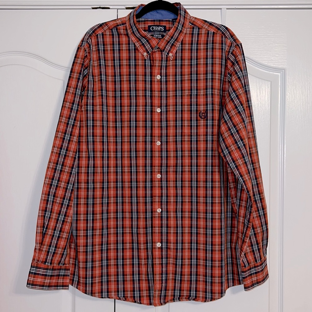 CHAPS Plaid Long Sleeve Easy Care Button Down Shirt Orange, Navy Blue, White